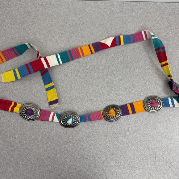 Concho Woven Cotton Belt Womens Multi Silver Boho Hippie Belly Dancer Tie Stripe - Picture 2 of 11